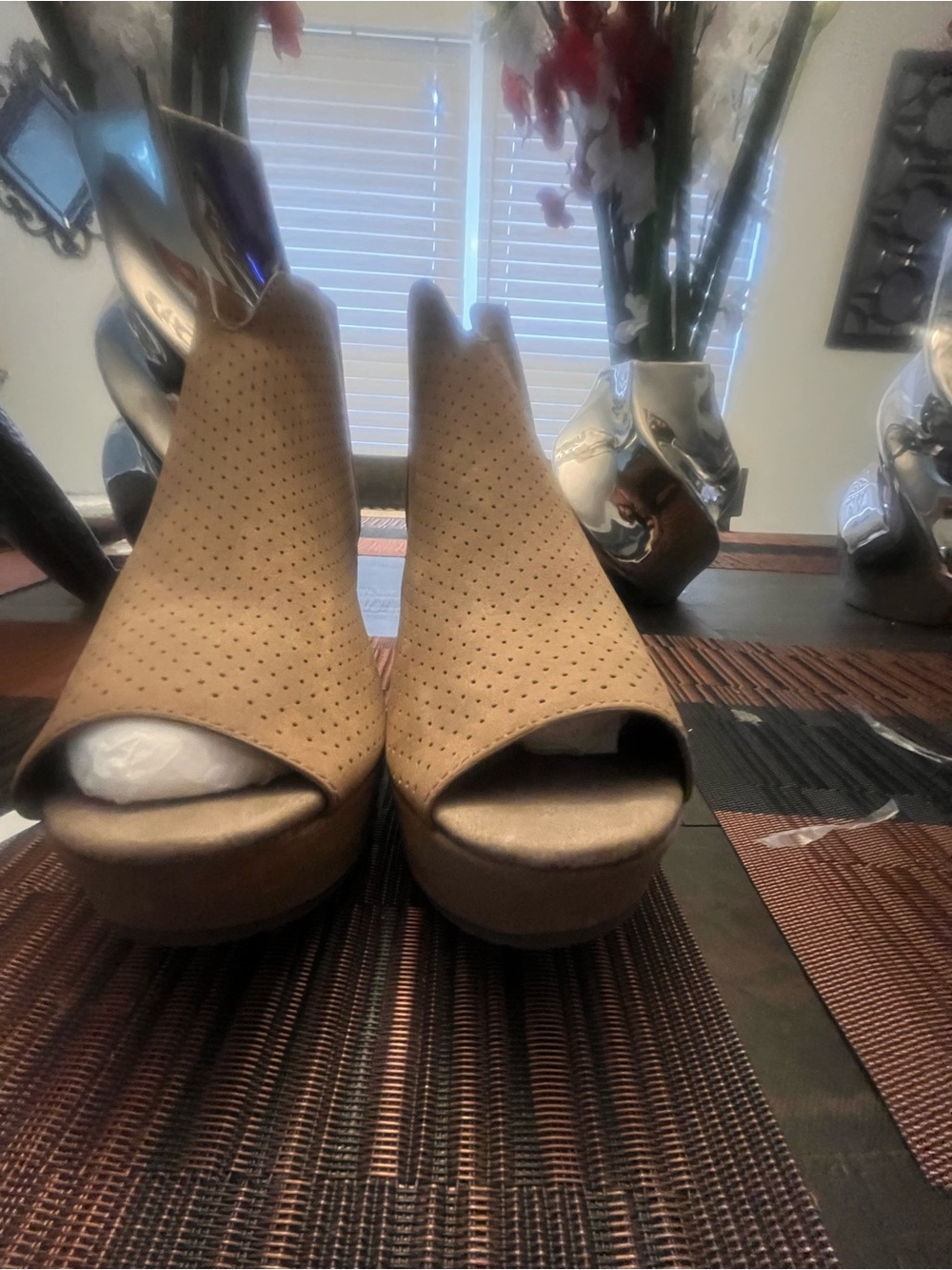 Women's Peep-Toe Perforated Wedge Bootie - Tan